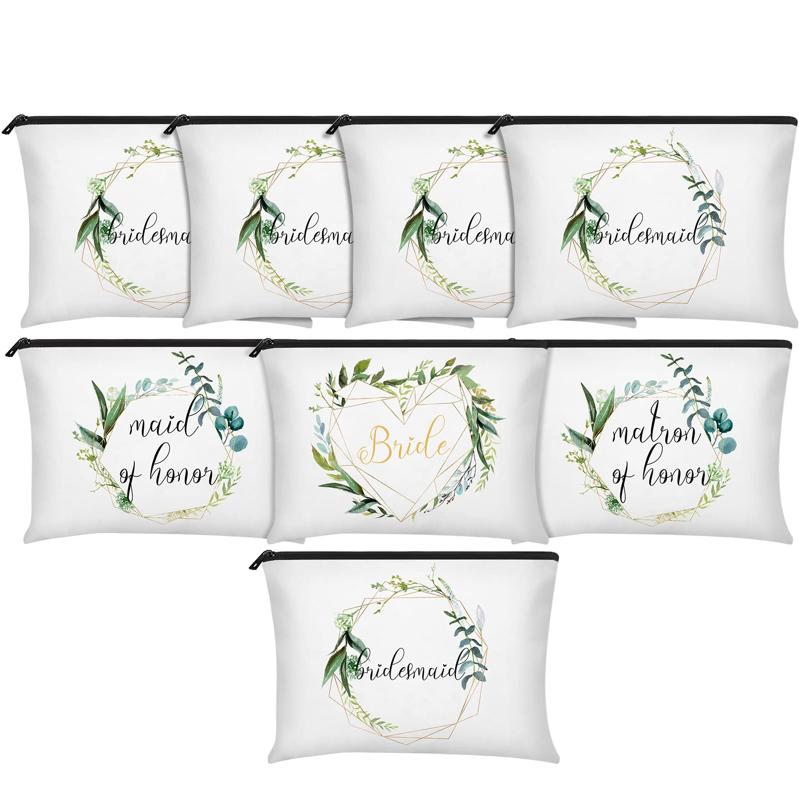 8 Pieces Bridesmaids Wedding Bridal Makeup Canvas Bag Matron of Honor Bag Wedding Print Cosmetic Bag for Women Brides Bridesmaids Parties (Leaves Pattern)