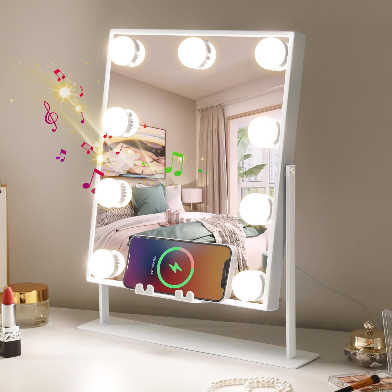 Leishe Vanity Mirror with Lights and Wireless Charging Lighted Makeup Mirror with 3 Color Lighting Modes and 10X Magnification for Dressing Table(White)