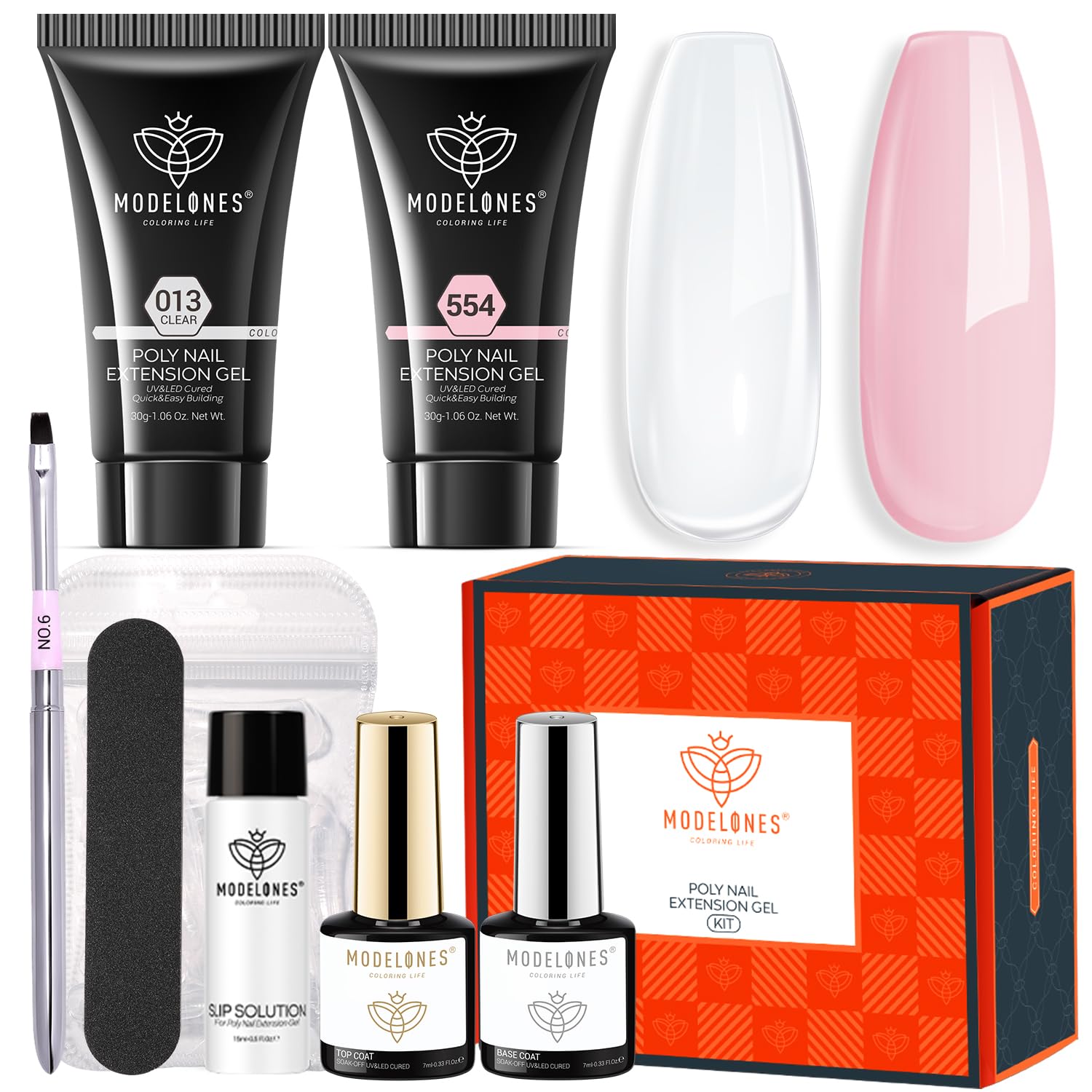Modelones Poly Nail Gel Kit 30ML 2 Colors Clear Nude Pink Poly Extension Gel With Slip Solution Builder Enhancement Starter Nail Kit All-in-One Nail Technician French Nail Art Kit DIY Home