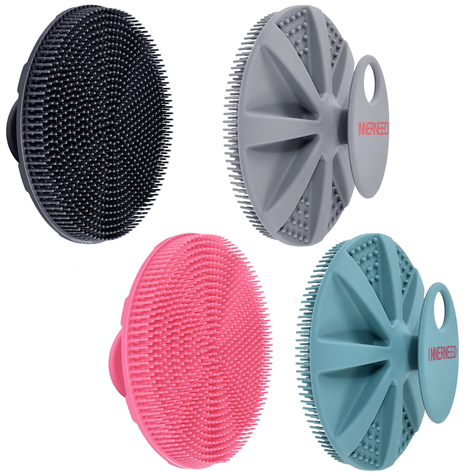 INNERNEED Food-Grade Soft Silicone Body Scrubber Shower Brush Handheld Cleansing Skin Brush, Gentle Exfoliating and Lather Well (Pack of 4)