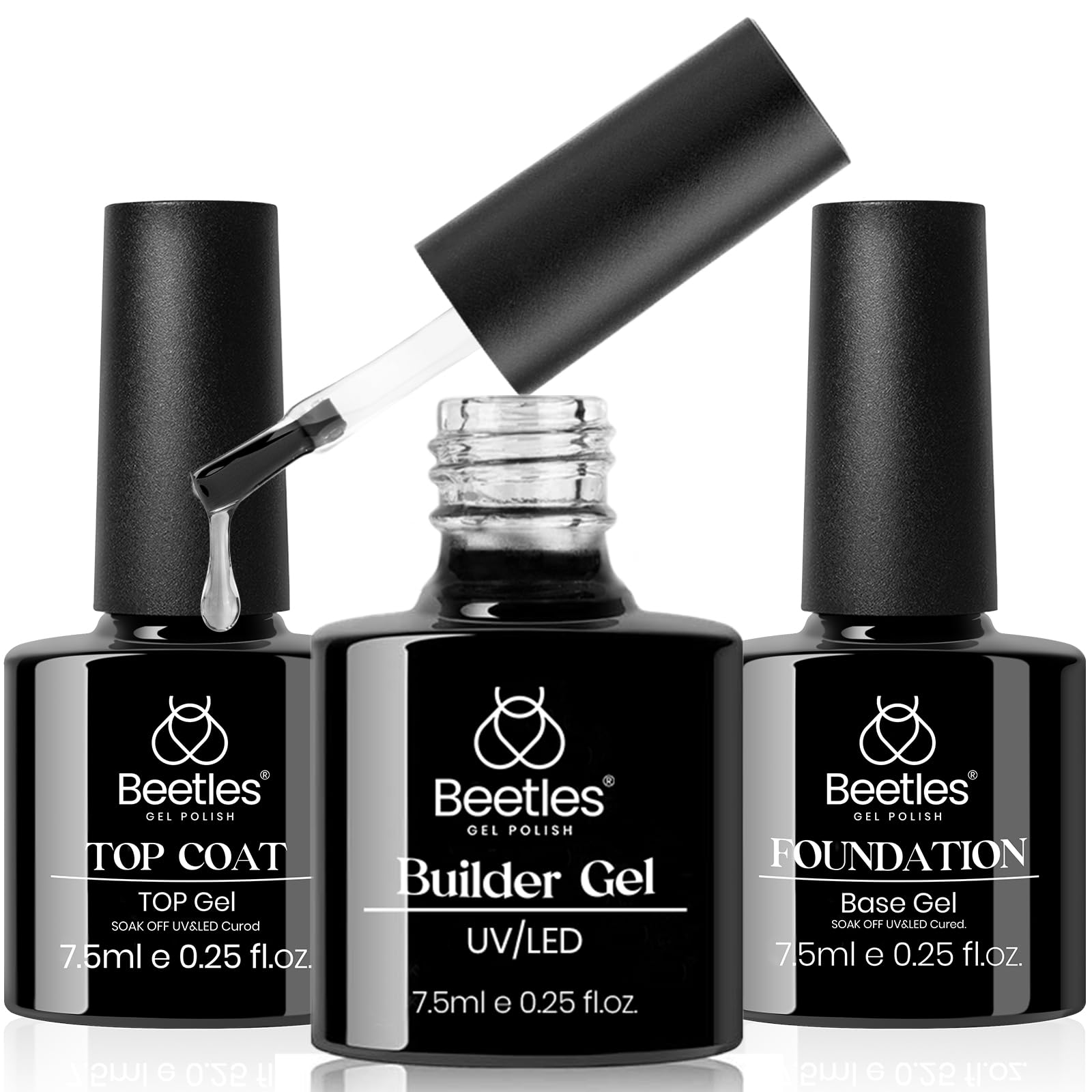 Beetles 3 Pcs 7.5ml Builder Nail Gel No Wipe Base Top Coat Set, Shine Finish and Long Lasting, Soak Off LED Transparent Builder Strengthener Hard Gel,Glossy Gel for Nail Art Design