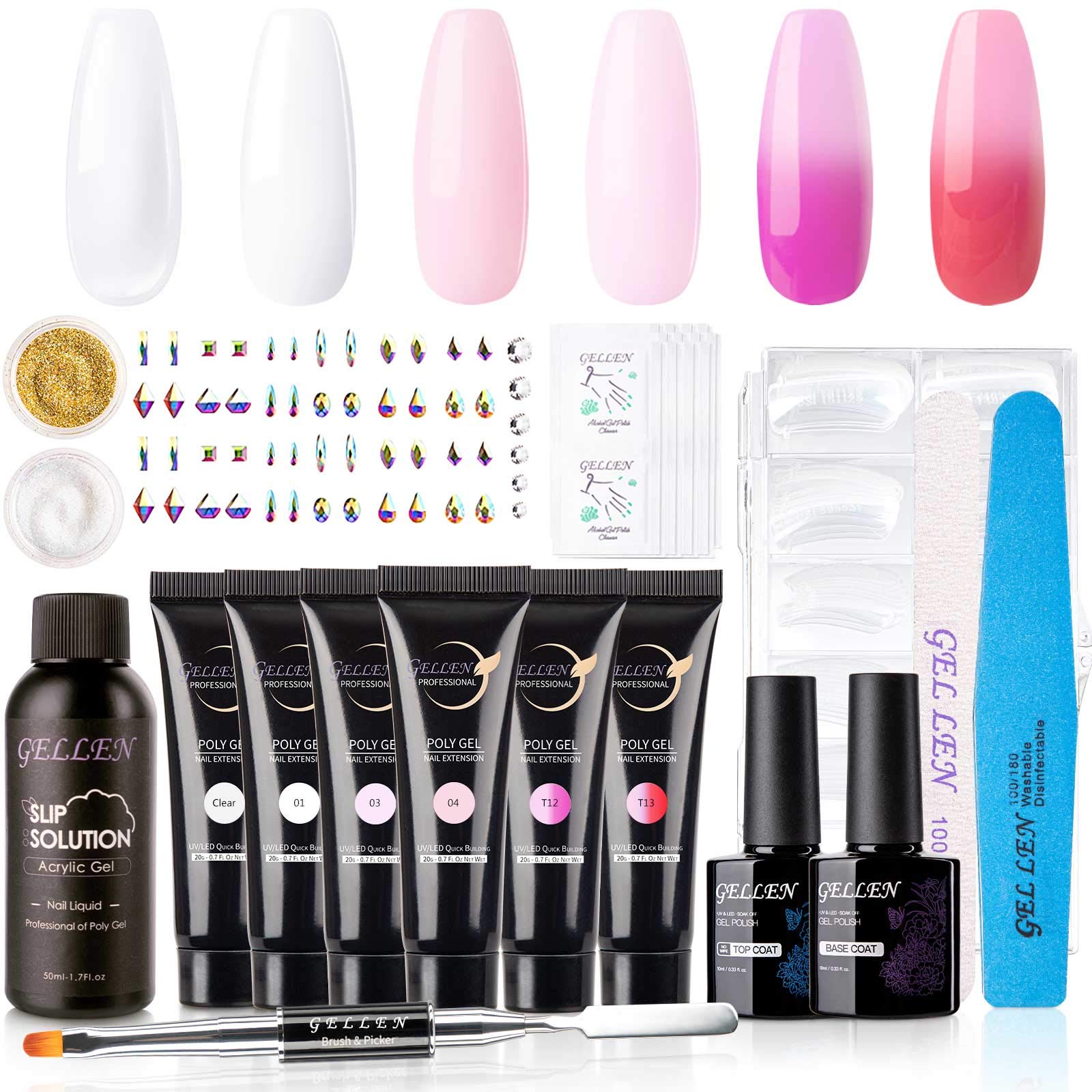 Gellen Poly Gel Nail Kit - 6 Colors Nail Extension Gel with Base and Top Coat Slip Solution Clear Nail Tips Nail Art Decorations - All In One French Manicure Gel Nail Extension Kit Gift for Women