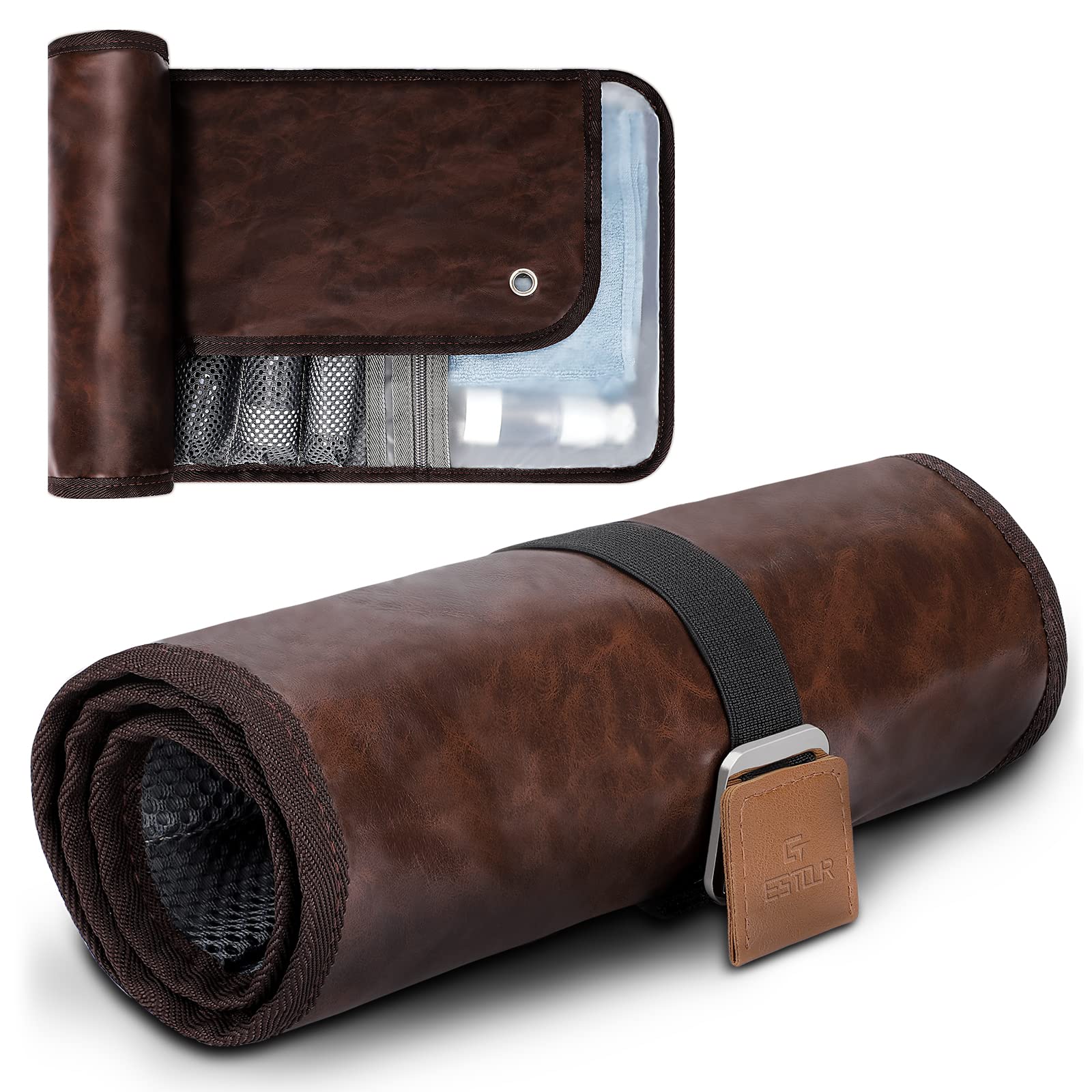 Toiletry Bag for Men, Travel Essentials Travel Toiletry Bag, Water-Resistant Compact Bathroom Roll Organizer for Hygiene, Shaving kit, Valentines Day Gifts for Him(1.Chic Brown(PU Leather))