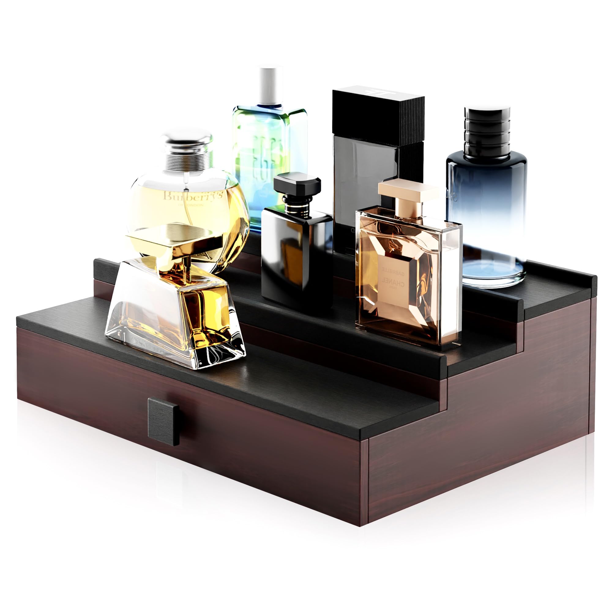 HOTCAN Wooden Cologne Stand Organizer for Men - 3 Tier Perfume Organizer with Drawer and Hidden Compartment - Perfect for Organizing and Storing Colognes and Accessories - A Great Gift for Men