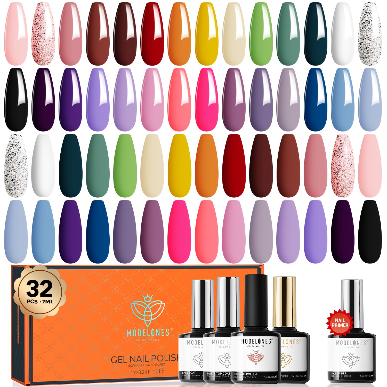 modelones 32 Pcs Gel Nail Polish Set, 28 Colors Gel Polish Kit with Glossy&Matte Top Base Coat + Bond Primer Gift for Women DIY Home
