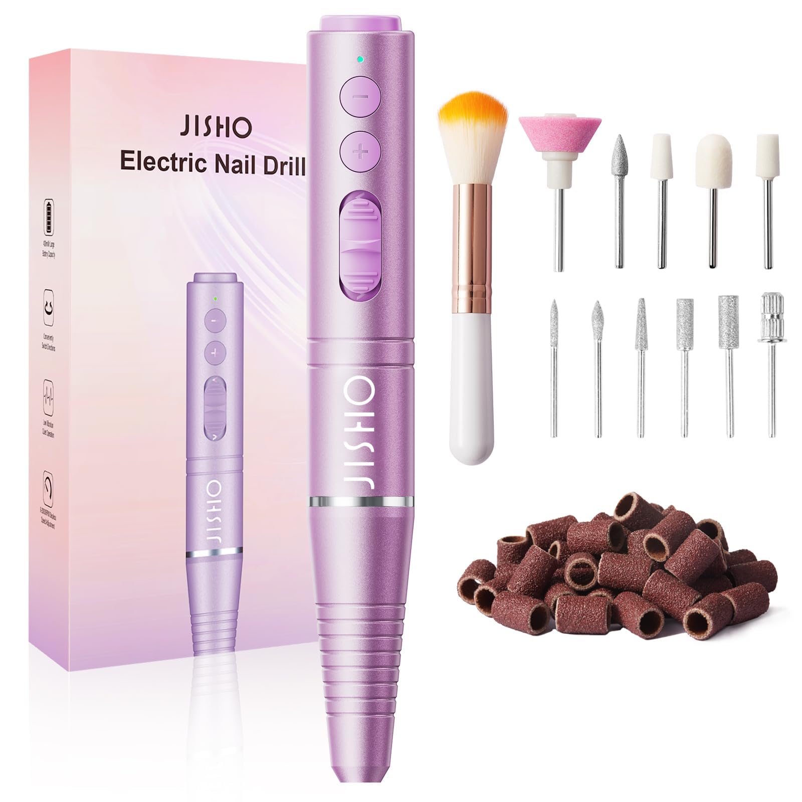 JISHO Electric Nail Drill Machine, Cordless Portable with Max 20000 RPM, USB-C Charging, Lightweight Design, 12 in 1 Kit Professional Nail Drill Perfect Gift for Nail Enthusiasts (Purple)