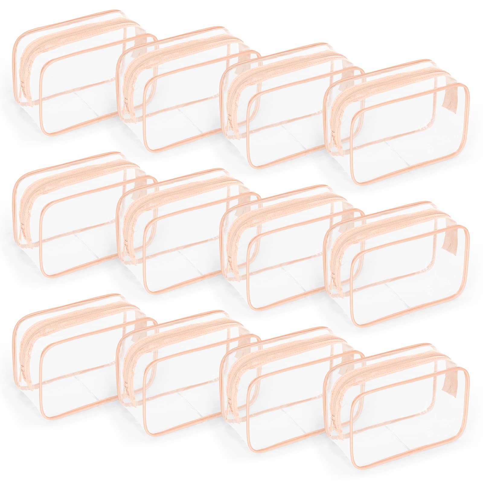 TISRATOK 12 PCS Clear Toiletry Bag for Women Men, Transparent Cosmetic Bag for Travel Makeup Organizer TSA Approved Pouch -Orange-pink, Small