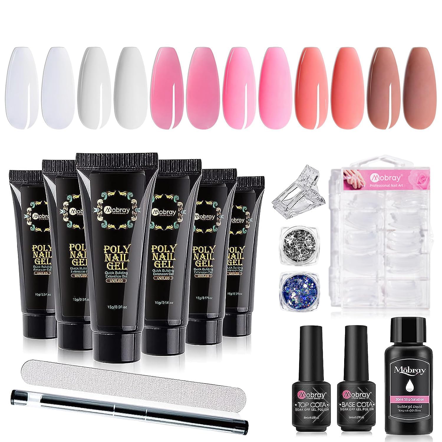 Mobray Poly Nail Gel Kit-6 Colors Clear White Nude Extension nail Suitable for Nail Art Design and Gifts