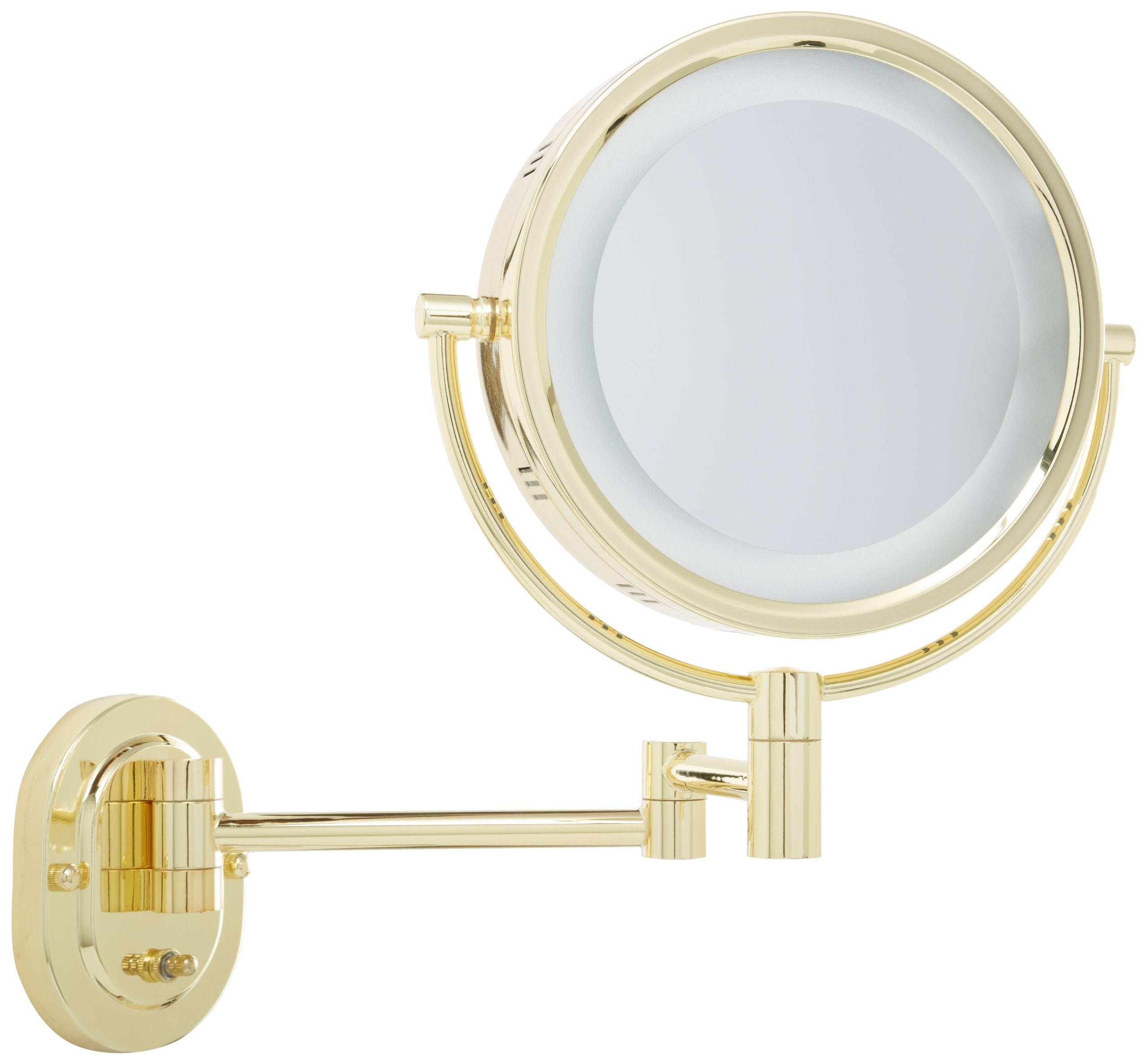 Jerdon Two-Sided Wall-Mounted Makeup Mirror With Halo Lighting - Lighted Makeup Mirror with 5X Magnification & Wall-Mount Arm - Round Mirror with Brass Finish Wall Mount - Model HL65G