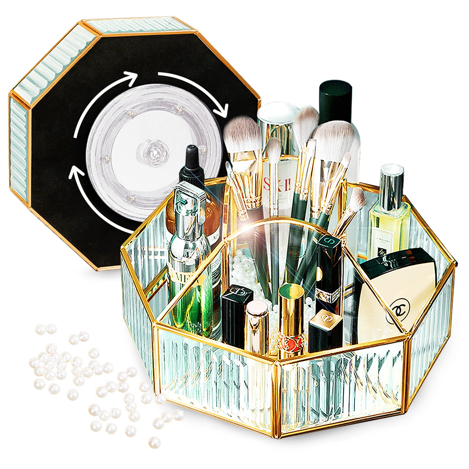 CoralHouse Makeup Organizer,Cosmetics Organizer,Skincare Organizer,Makeup Organizer For Vanity,High Hardness Glass Make Up Organizers And Storage,360° Rotating Makeup Organizer,Purely Handmade