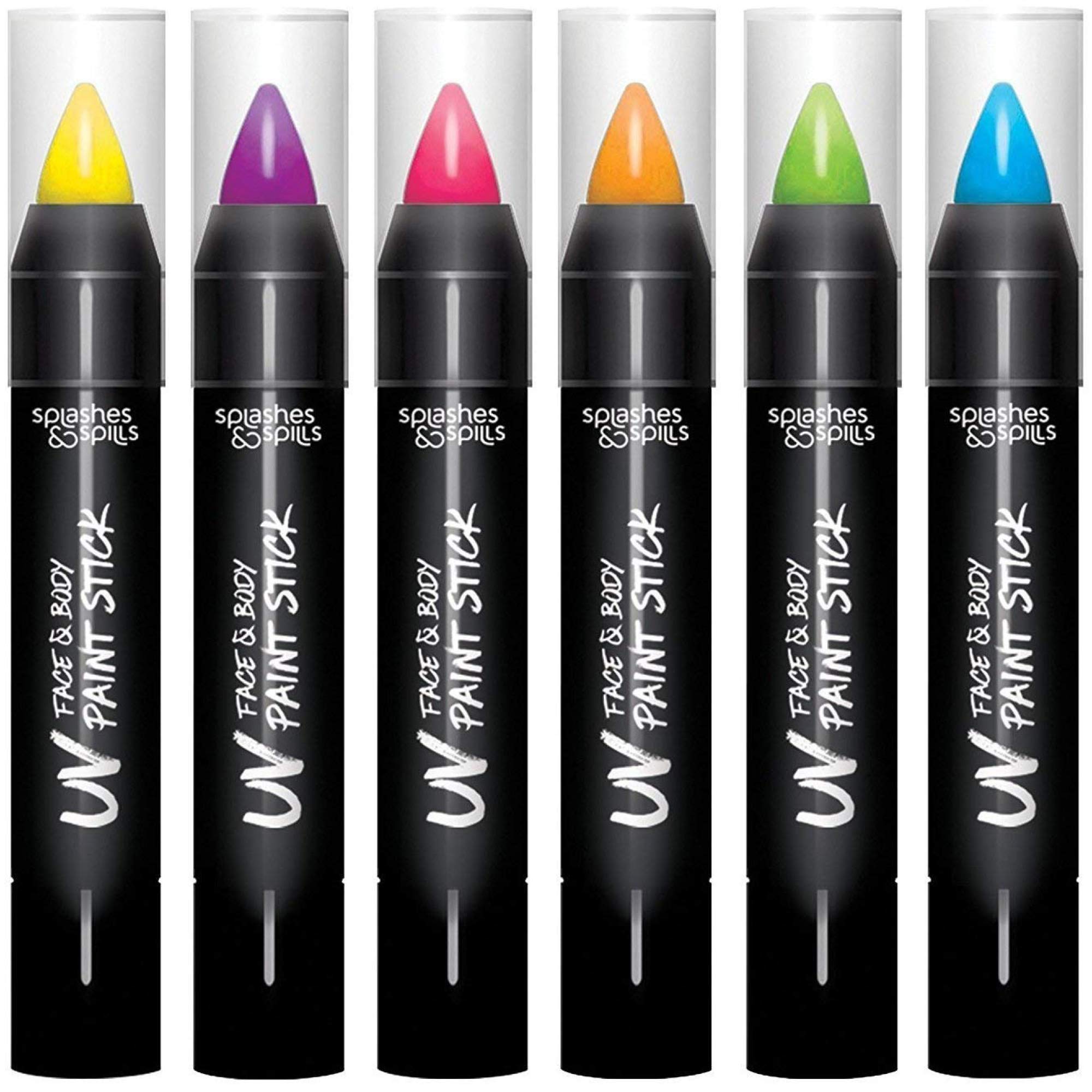 Splashes & Spills UV Face and Body Paint Sticks - UV Body Paint, UV Face Paint for Costume, Cosplay, Theater, Club - Glows Under UV Light - Black Light Paint For All Skin Types (6 Colors)