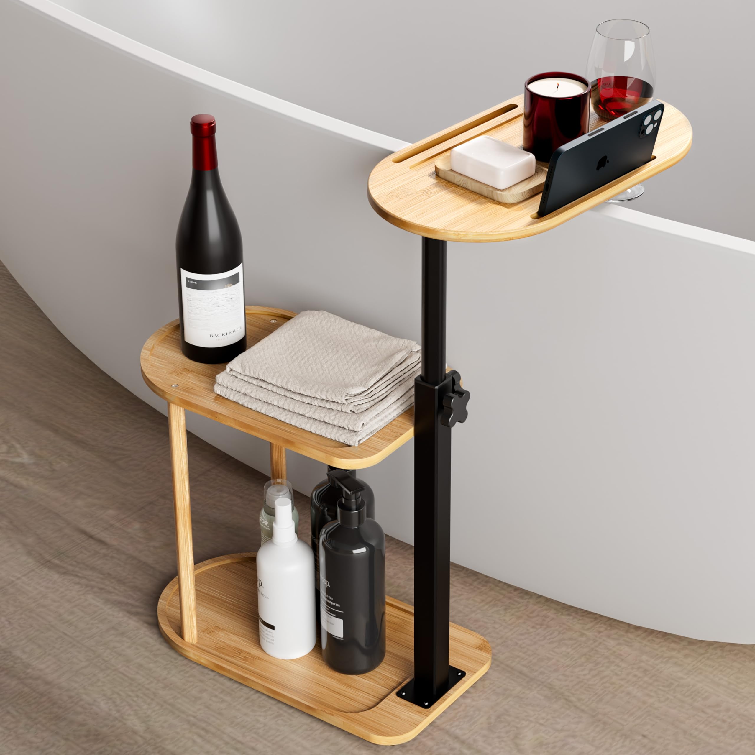 Yumkfoi 3 Layer Bath Tub Tray Table, Freestanding Bamboo Bath Tray Caddy for Tub Against Wall, Bath Table Tray Tub Shelf Bathroom Organizer Shelf for Luxury Spa, Gift for House Warming New Home