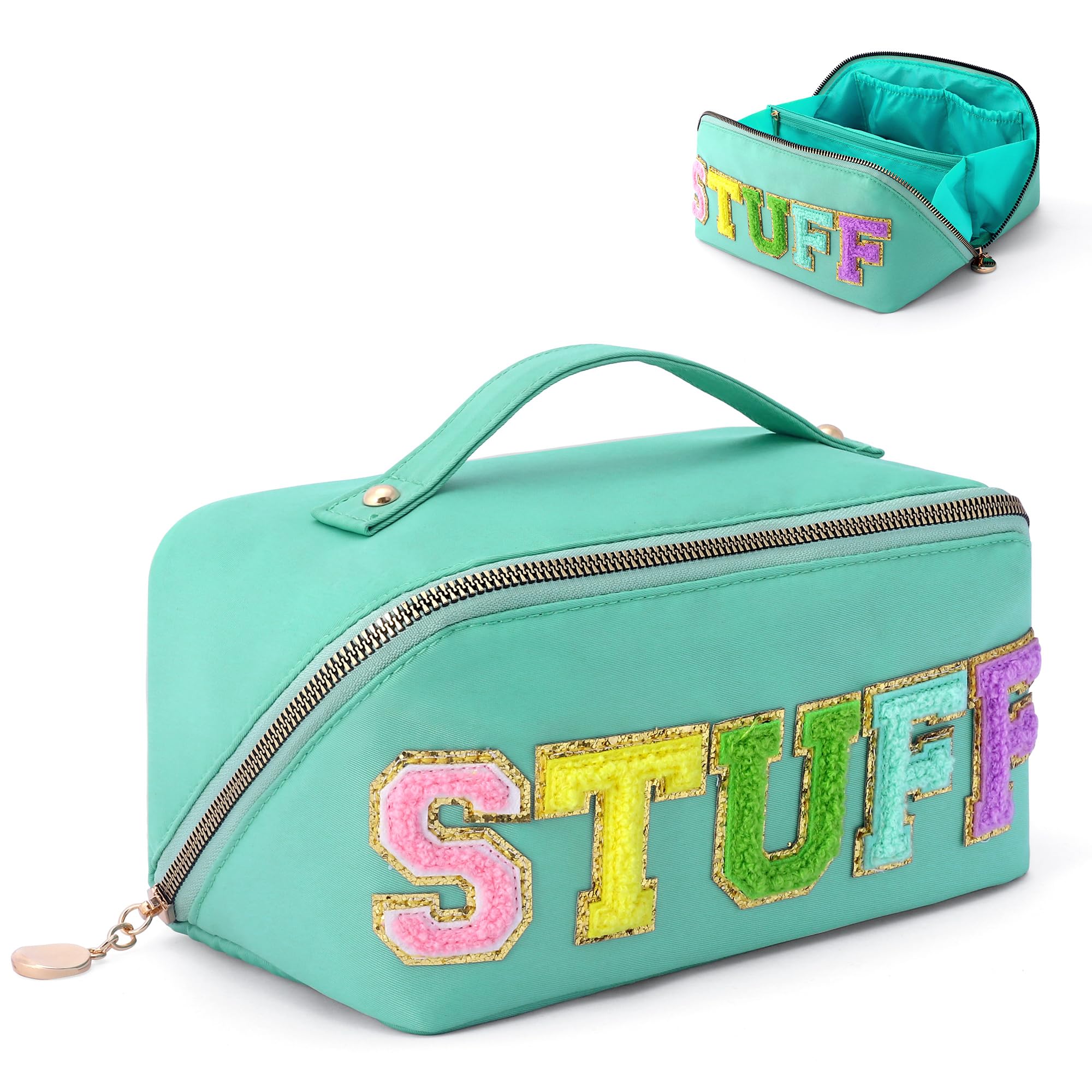 LONEDREAM Stoney Clover Preppy Makeup Bag, Large Capacity Travel Cosmetic Bag, Chenille Letter Open Flat Nylon Bag, Mint