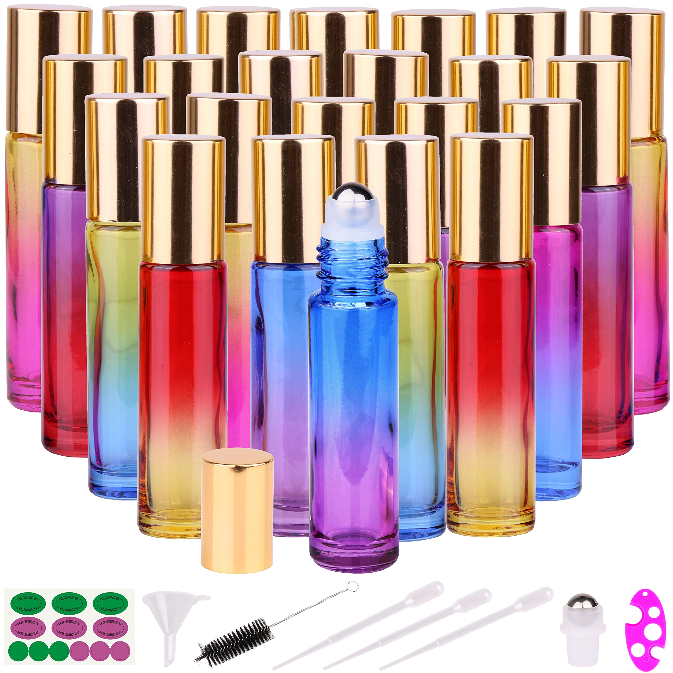 inice 24 10ml THICK Glass Roller Bottles Roll on Bottle Big Stainless Ball Gradient Color for Essential Oils (3 Dropper, 1 Funnel, 1 Extra Roller Ball, 1 Bottle Opener, 1 Brush, 24 Labels)