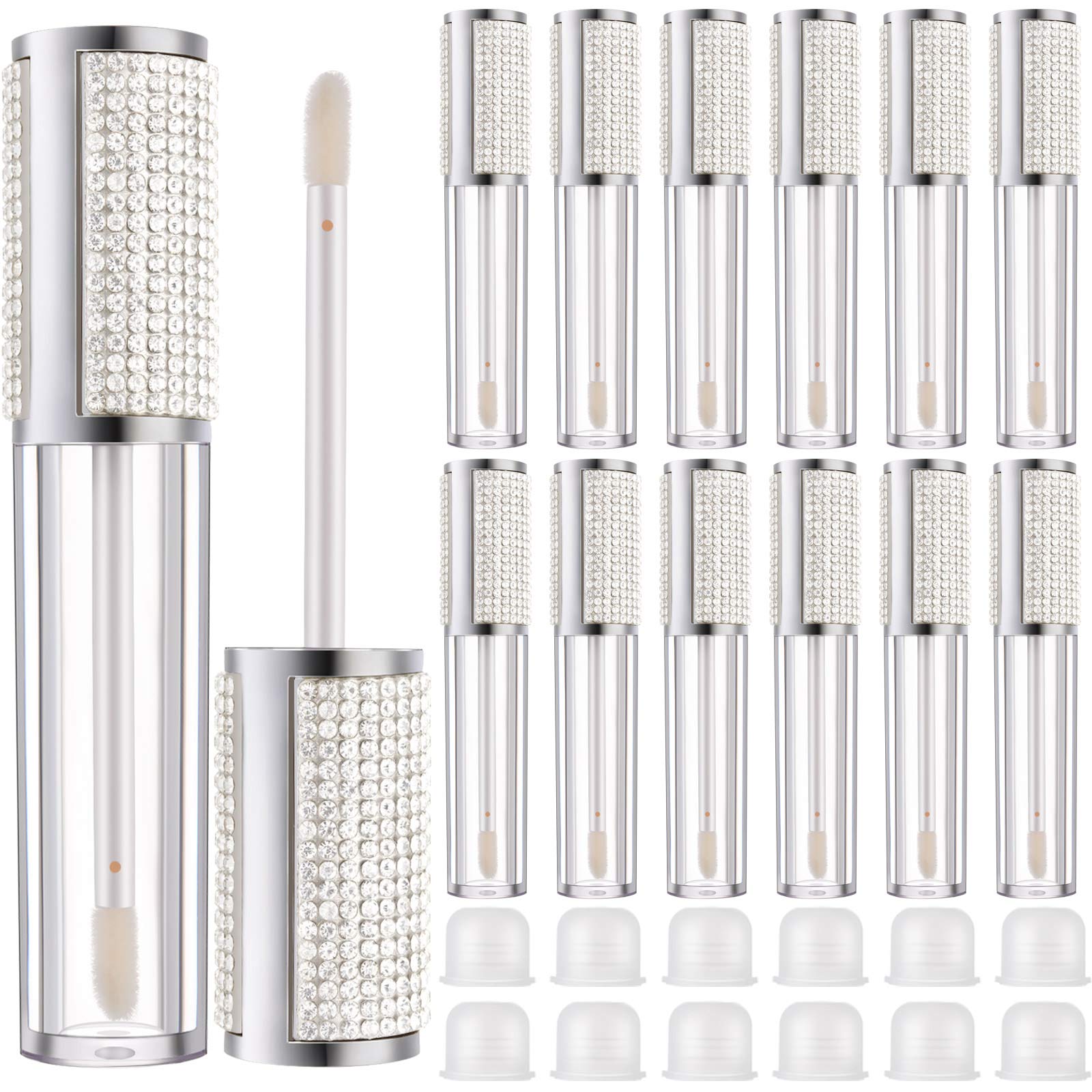Patelai 12 Pieces Crystal Rhinestone Lip Gloss Tubes Empty Lip Gloss Bottles Refillable Rhinestone Lip Gloss Container Lip Balm Tubes Plastic Cosmetic Bottles with Rubber Inserts, 5 ml (Silver)