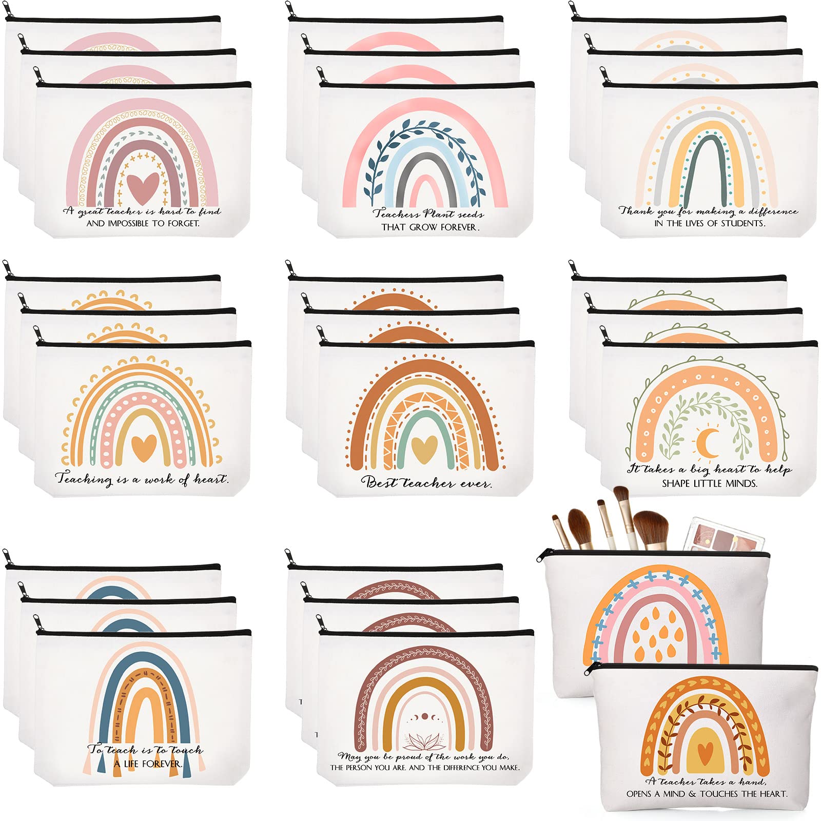 Coume 30 Pcs Teacher Appreciation Gifts Rainbow Canvas Makeup Bags Pouch Travel Pencil Cosmetic Bag Zippered Toiletry Case for First Day of School Teacher Office Supplies, 10 Styles(Elegant, Elegant)