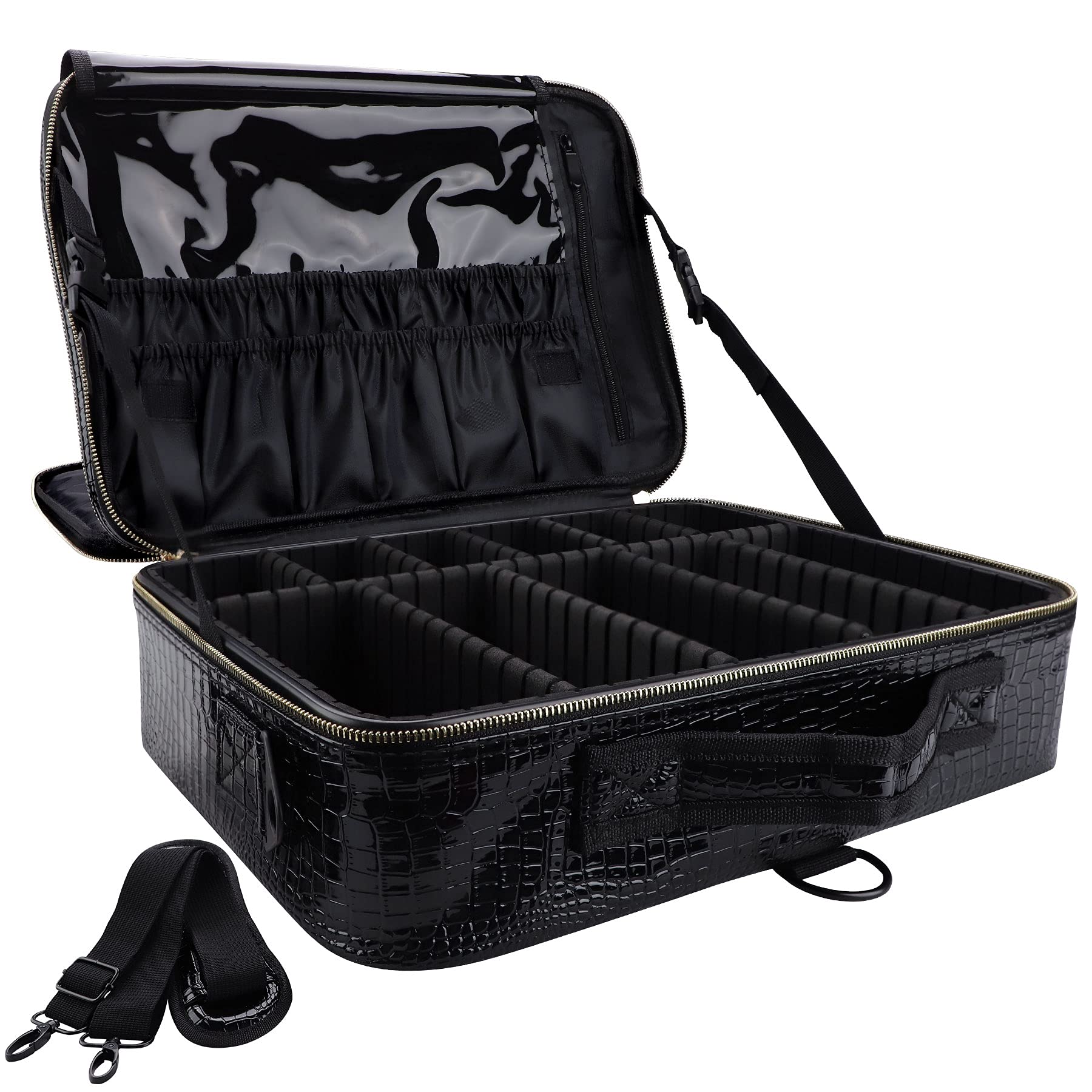 Oewoer PU Leather Professional Makeup Case 16 Inches Large Travel Makeup Bag Organizer with Shoulder Strap（L-Black Crocodile）