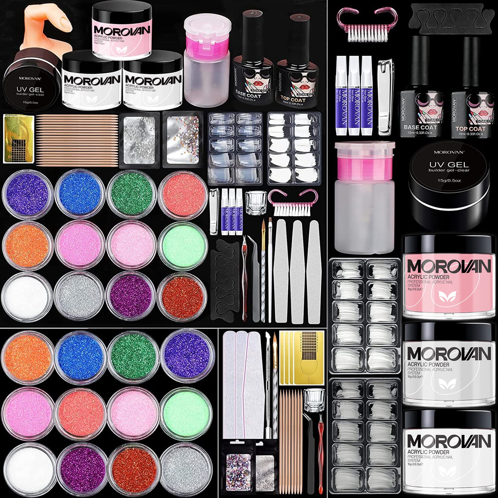 Morovan Acrylic Nail Kit Glitter Acrylic Powder Set with Everything Professional Acrylic Nail Powder Kit Acrylic Brushes Nail Tips Nail Art Decoration Tools DIY Nail Extension Kit for Starter