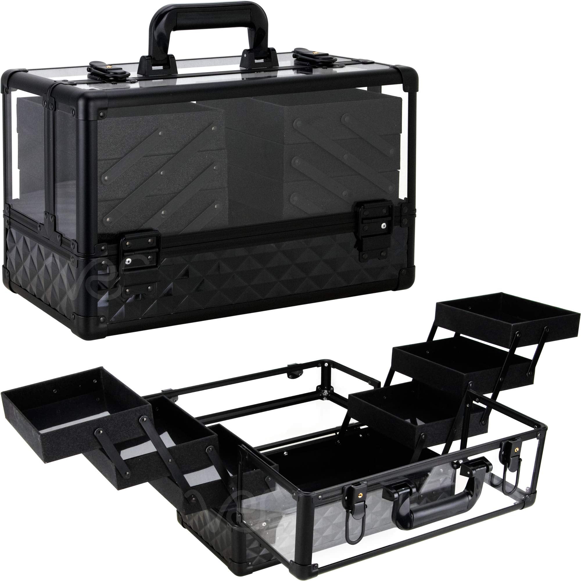 Ver Beauty Professional Jewelry & Makeup Organizer, 3.8mm Heavy Duty Acrylic Travel Case with 6 Extendable Trays and Keylocks, Black Diamond