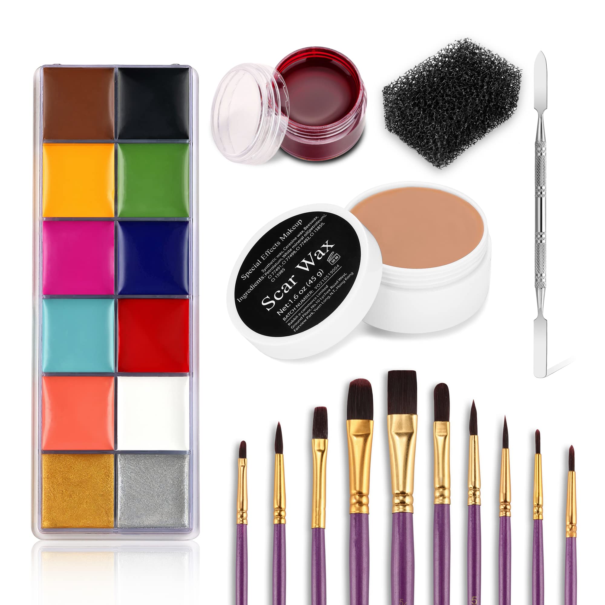 DELISOUL Professional Special Effects SFX Makeup Kit,12 Colors Face Body Paint Palette,Wound Modeling Scar Wax,Coagulated Fake Blood,10 Purple Brushes,Spatula Tool,Stipple Sponge for Halloween Costume