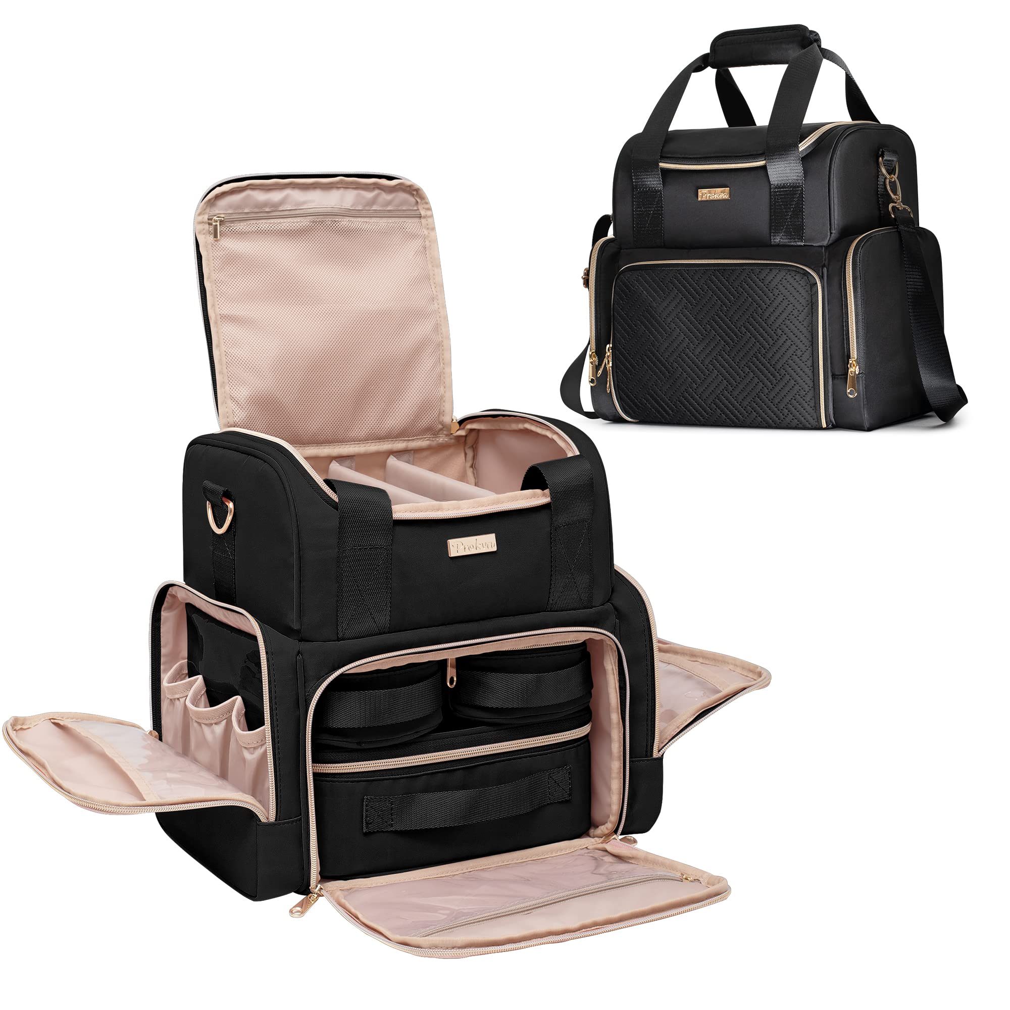 Prokva Large Makeup Cosmetic Bag with 3 Removable Case, Double Layer Travel Makeup Organizer Case with Dividers and Brushes Storage Section, Black