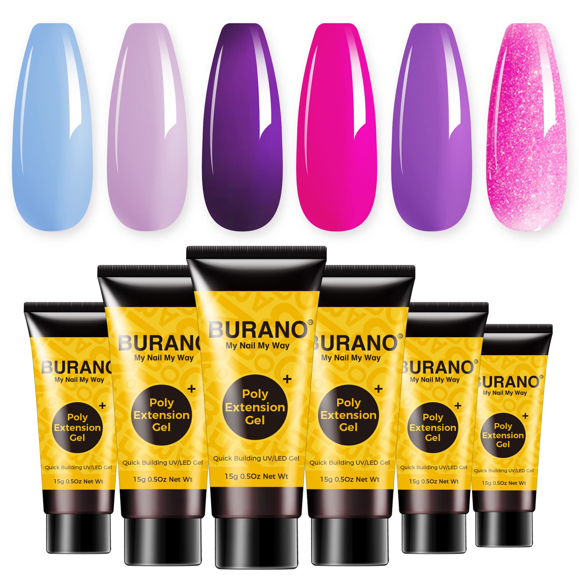 BURANO Poly Extension Gel Nail Kit, 6 Colors Nail Poly Nails Builder Gel Set for Beginner & Professional Using, Poly Nail Gel Kits DIY Starter Kit Nail Art Gift (purple)