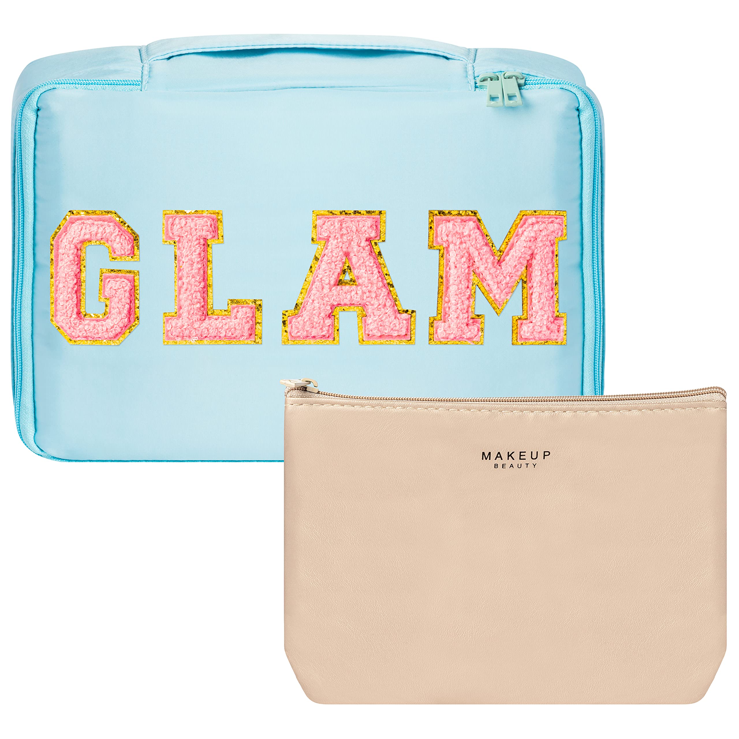 Preppy Patch GLAM Makeup Bag Cosmetic Bag Travel Toiletry Bag Large Brush Bags Case Multifunction Organizer Make Up Bag Reusable Toiletry Bag(Blue)